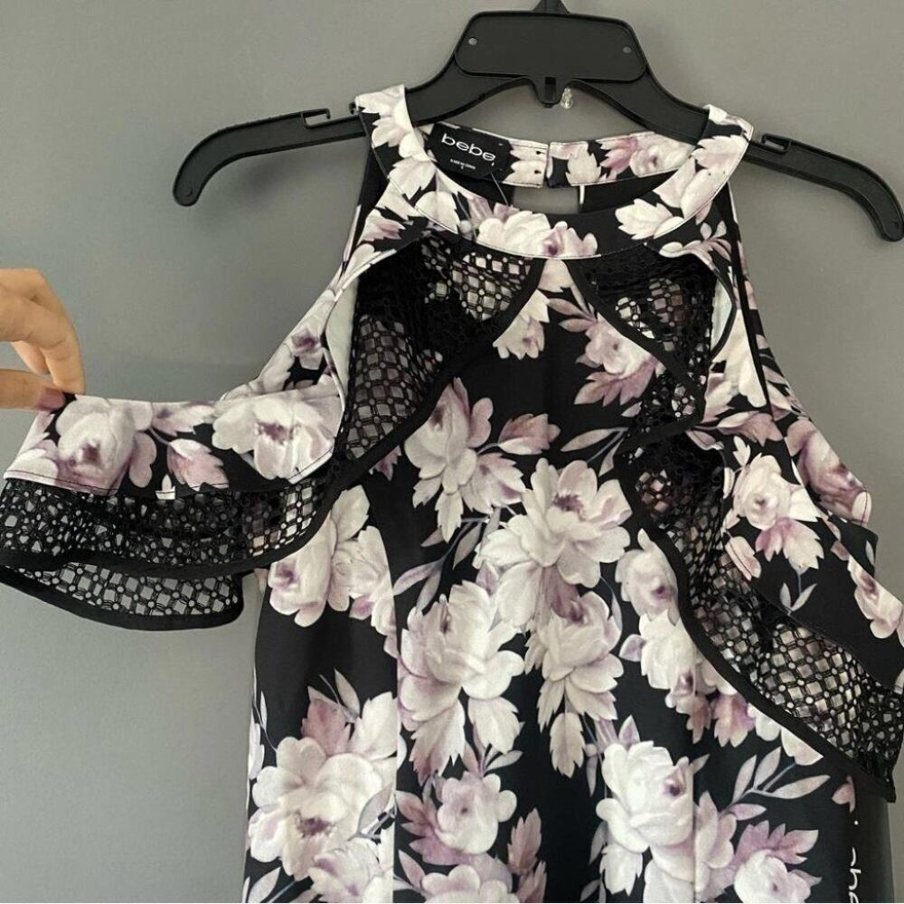 Lace Cold Shoulder Bebe Floral Mini Dress NWT Bodycon Sz 10 Black White Pink - Picture 3 of 16